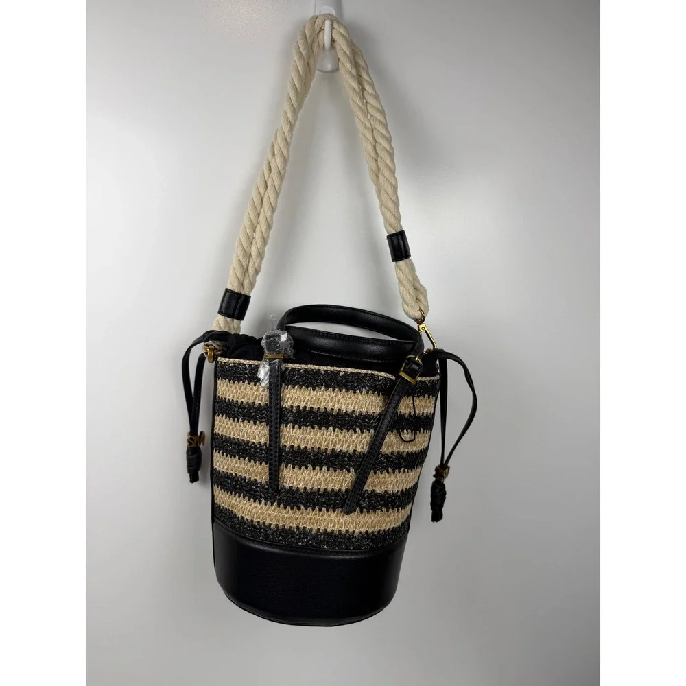 Steve Madden B-Rope Woven Straw Bucket Bag Striped Black Tan Nautical Rope Strap